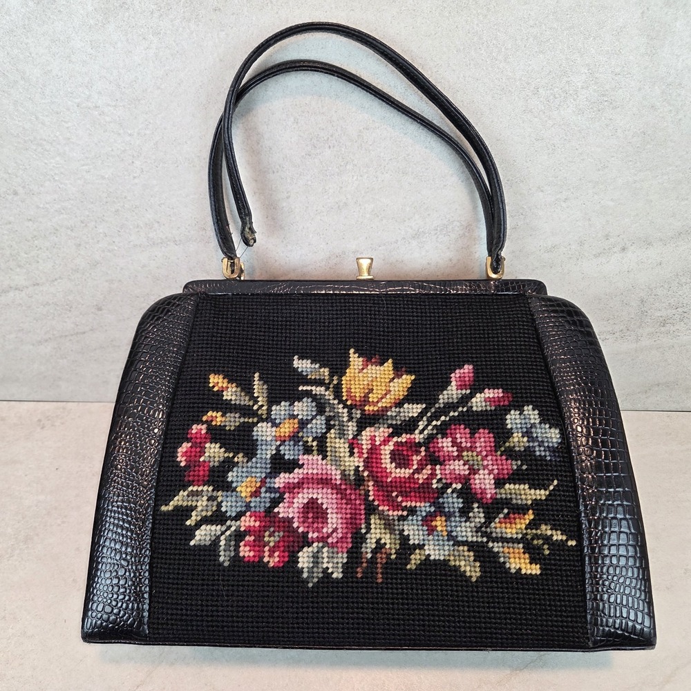 Vintage Black Tapestry Needlepoint Floral Handbag Purse *Needs Repair*